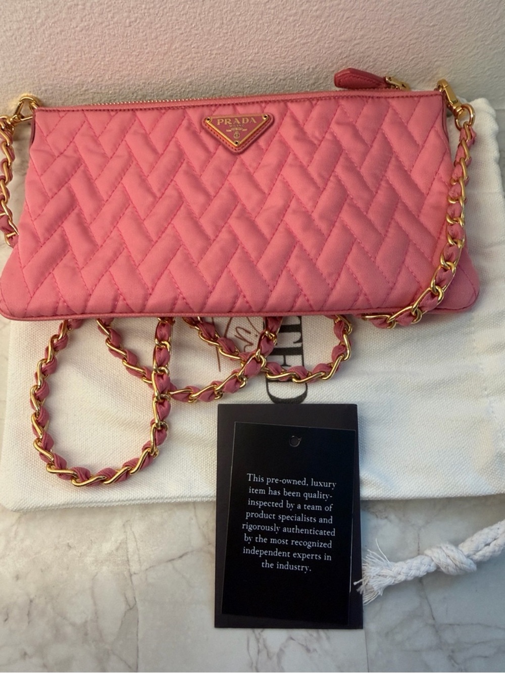 Prada Quilted Pink Chain Crossbody Clutch WITH COA